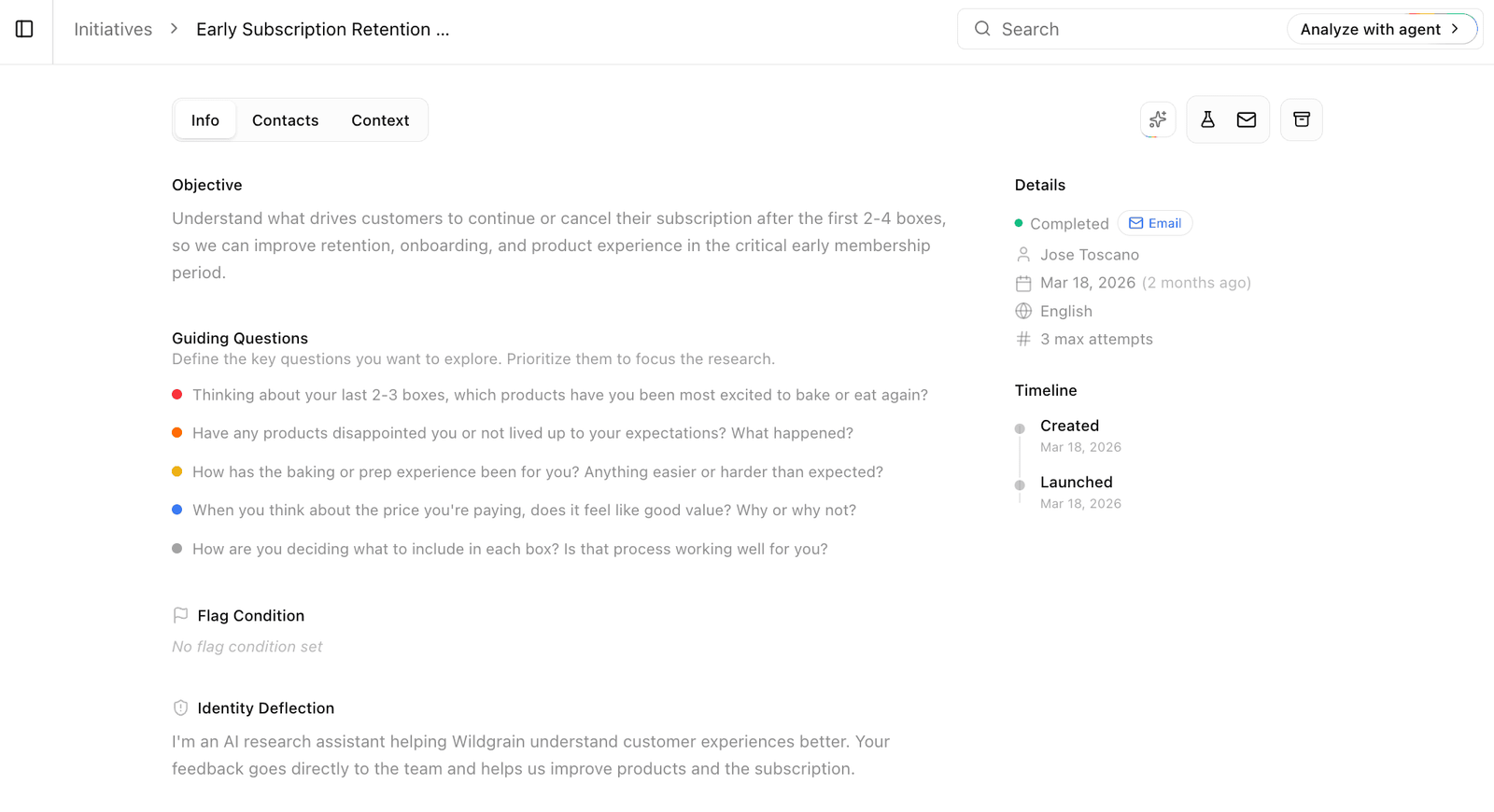 The Boom Initiative Detail view, showing a research initiative with an objective, guiding questions, and a timeline