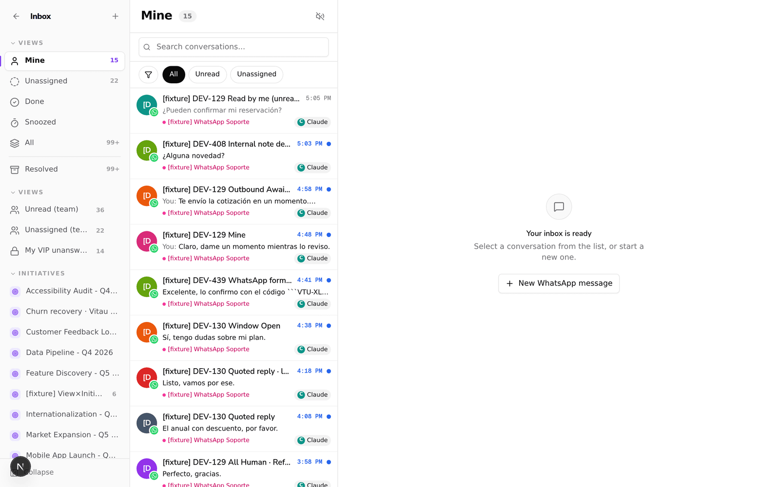 The shared inbox with a sidebar of saved views including a dedicated Resolved view and unread count badges, an All view filtered to open conversations, and filter tabs above the conversation list