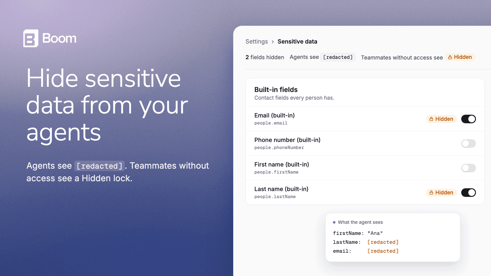 The Sensitive data page in settings, with email and last name hidden and an rfc attribute hidden among the people attributes